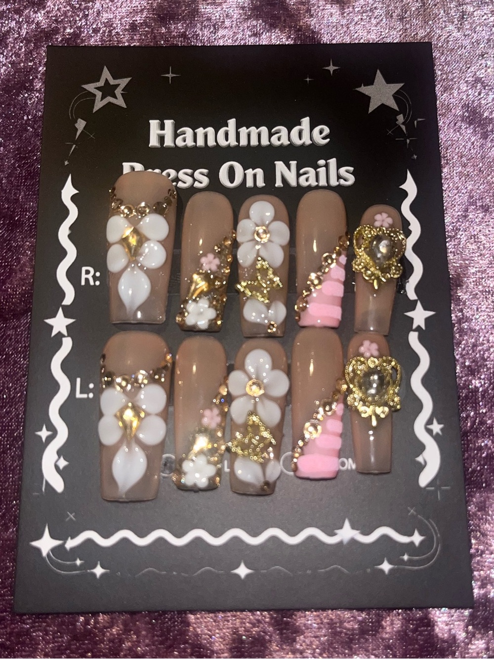 Handmade Beige & Pink Floral Press-On Nails with Gold Accents